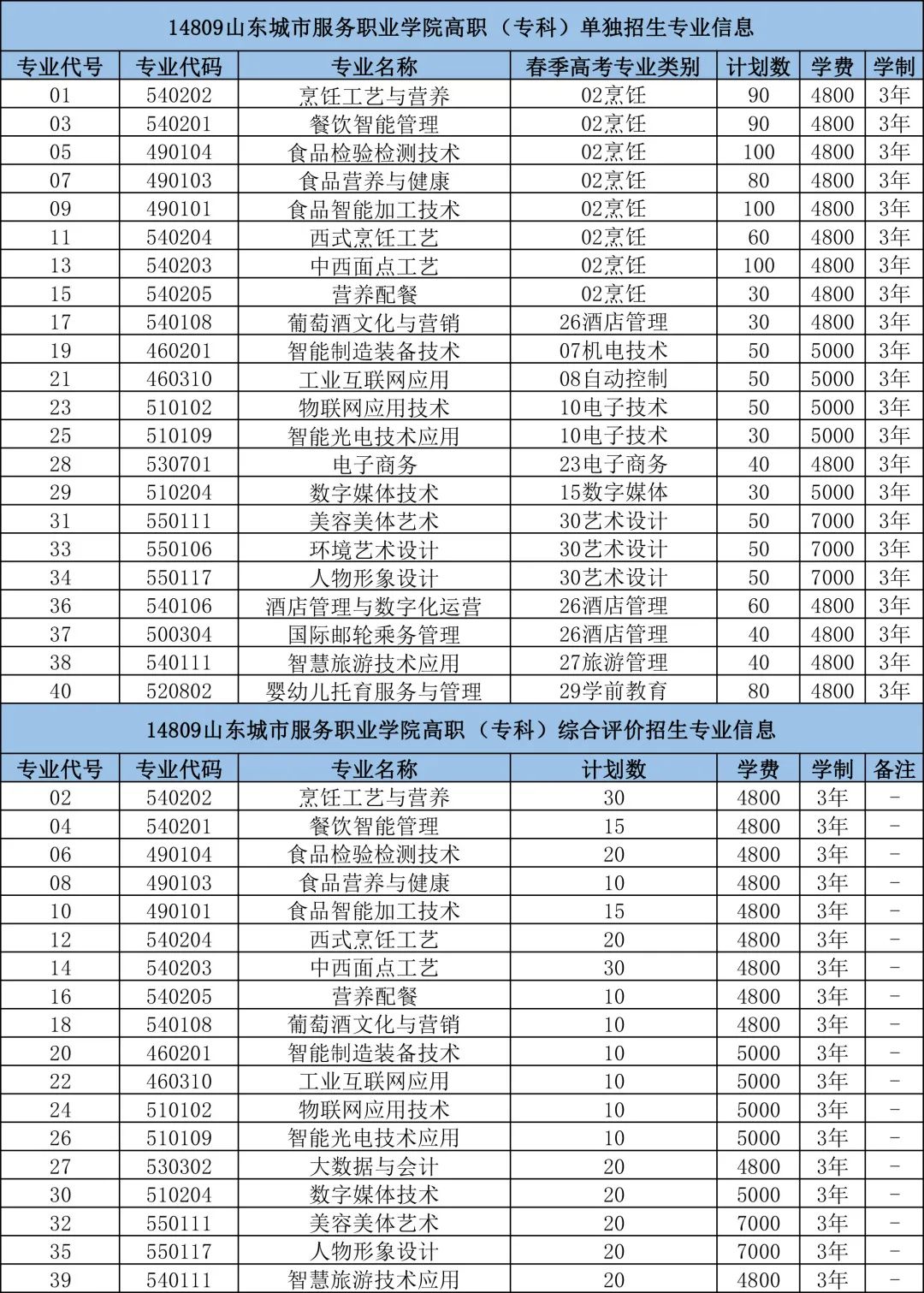山東城市服務(wù)職業(yè)學(xué)院2024年單獨招生綜合評價招生計劃